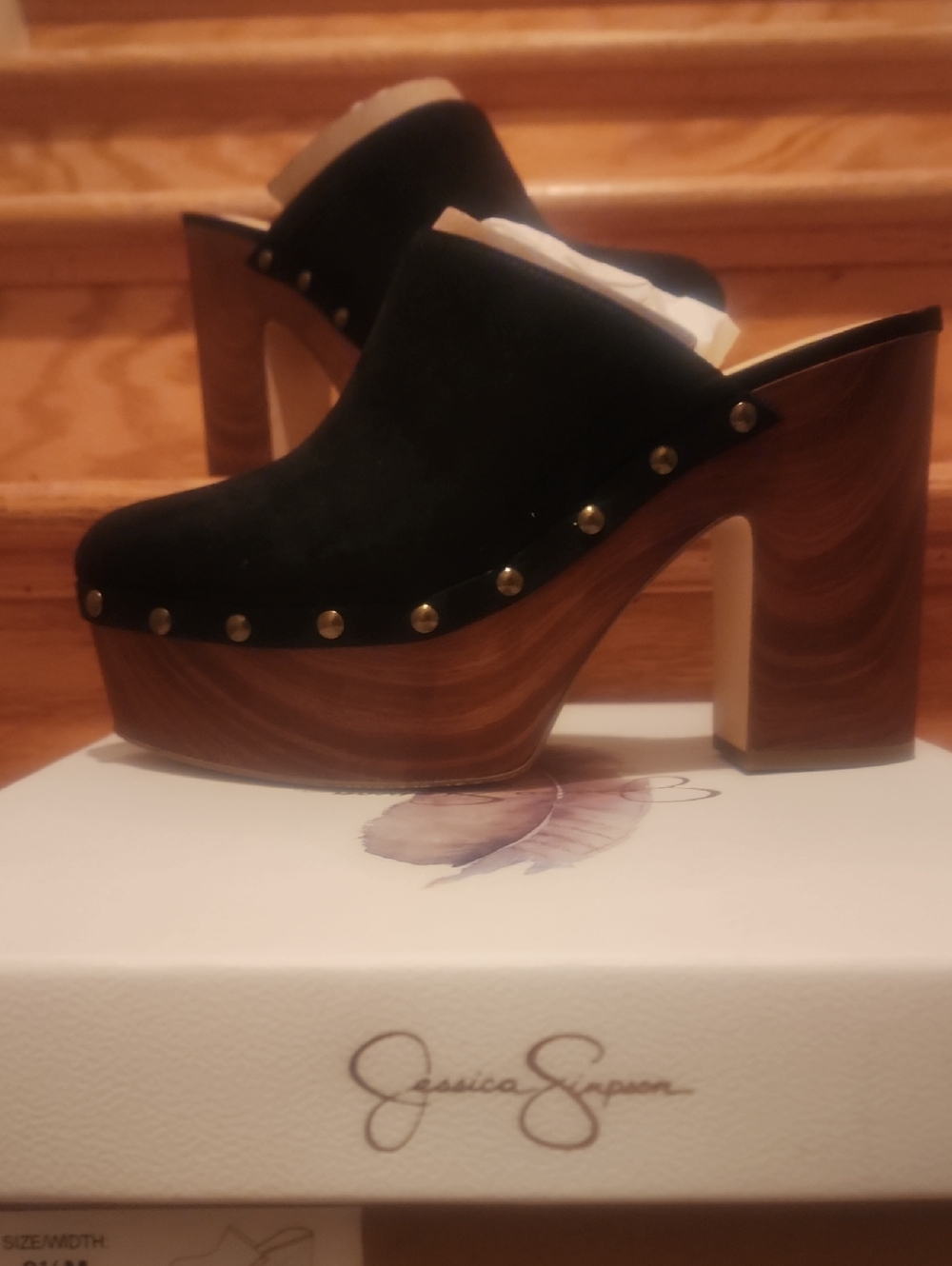 Jessica Simpson "Dalila" Black Supreme Microsuede Mules Brass Studs Platform 9.5